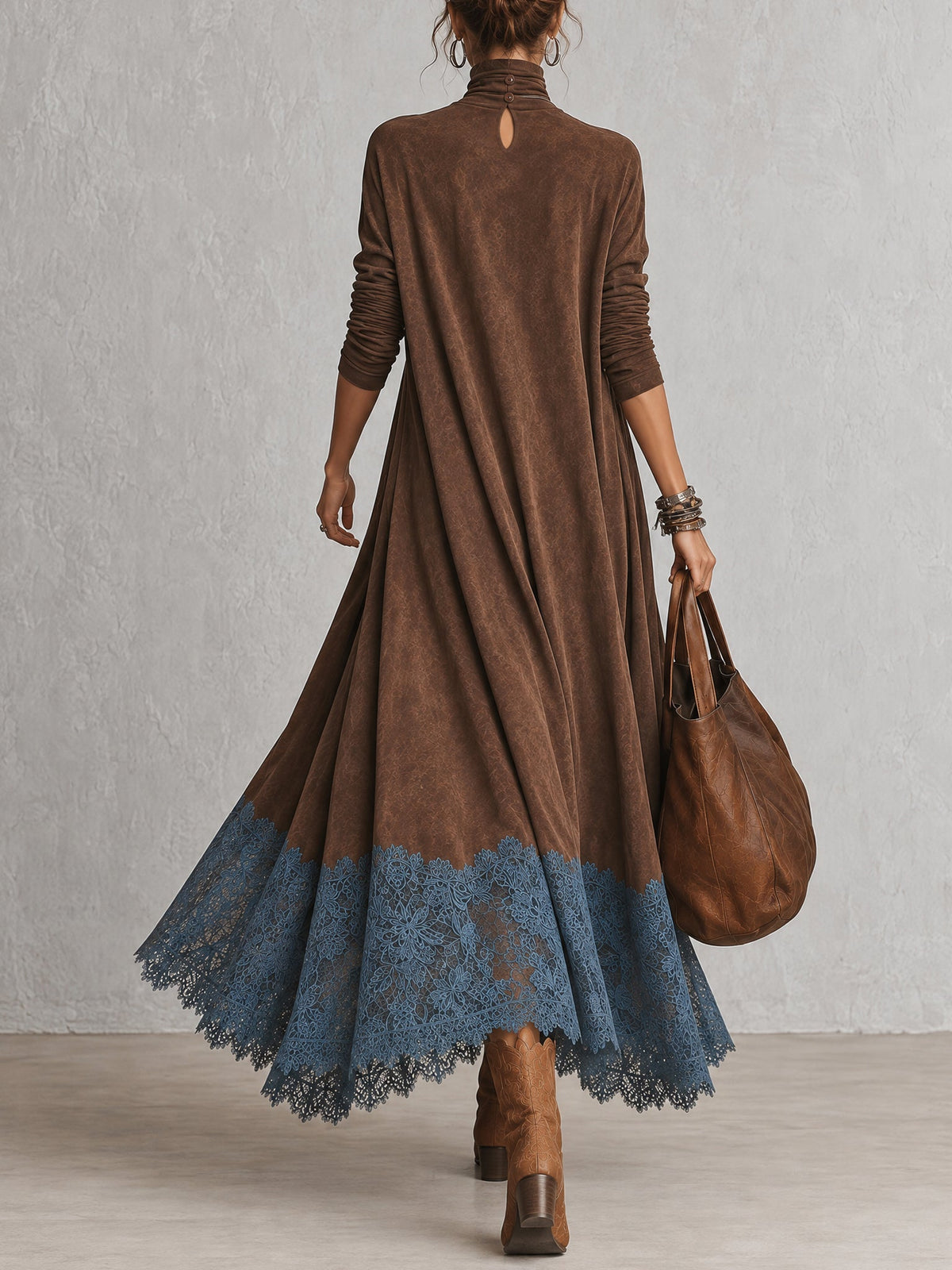 Piera | Vestido largo efecto ante con bajo de encaje