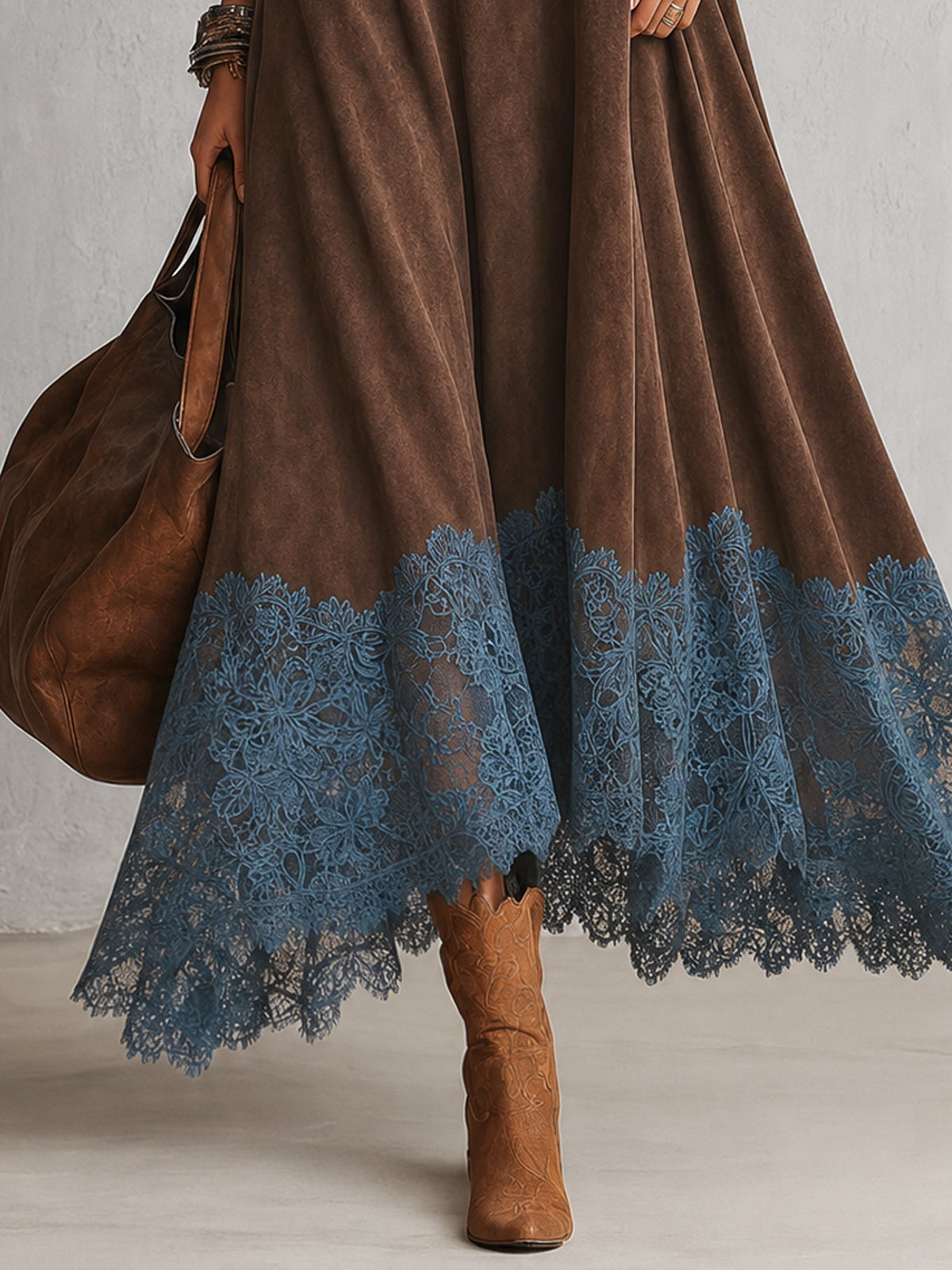 Piera | Vestido largo efecto ante con bajo de encaje